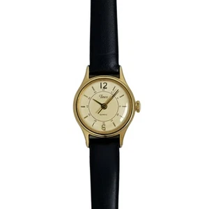 Timex Vintage 1990s Ladies Watch Gold Plated Case Black Leather Band Quartz - Picture 1 of 10