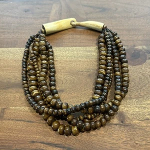 Vintage Gerda Lynggaard Monies Necklace 5 Strand Stone Wooden Hook - Picture 1 of 8