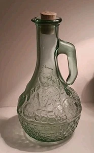 Vintage Green Glass Cruet Cork Embossed Leaf Pattern Oil Wine Pitcher (Y46) - Picture 1 of 4