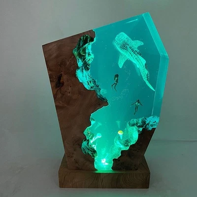 Whale Shark and Diver-Night Light Epoxy Resin Lamp Wood Base Home Decor Gift