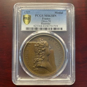 PCGS MS63BN Luigi XV Francia medaglia rame Divo-70 alta qualità da collezione - Foto 1 di 9