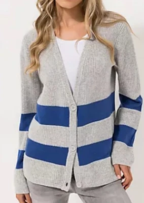 STRANDFEIN Cardigan V-Ausschnitt Blockstreifen leger weit Gr.40 Grau Meliert  - Bild 1 von 3
