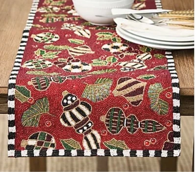 MacKenzie - Childs Deck the Halls Red Beaded Table Runner 13'x36' - Image 1 of 2