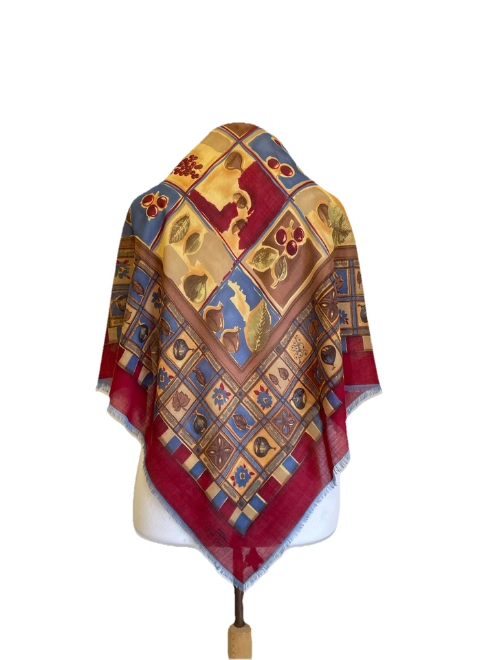 Y8# Longchamp Paris Wool Silk Scarf Square Italy Floral Fruit Tile Print Vintage - Image 1 of 4