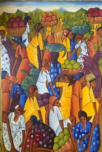 J. Pierre Haitian Market Painting on Canvas with Acrylic - Picture 1 of 8