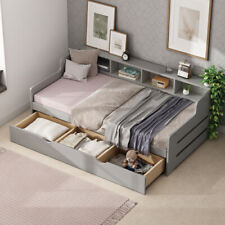 Twin Size Daybed with Trundle or Storage Drawers Shelf Solid Wood Sofa Bed Frame