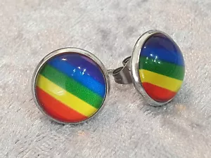 Unisex Ohrstecker Ohrringe Ohrschmuck mit 12mm Cabochon Regenbogen bunt handmade - Bild 1 von 3