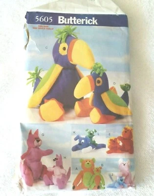Butterick Plush Bean Bag Animals Pattern 5605 From 1998 Kangaroo Lion Parrot - Image 1 of 2