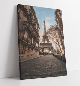 PARIS STREET WITH VIEW OF THE EIFFEL TOWER -DEEP FRAMED CANVAS WALL ART PRINT - Picture 1 of 2