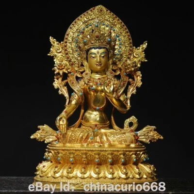 15.2" Old Tibetan Copper Gilt Gems Buddhism White Tara Godess Flower Sculpture - Image 1 of 4