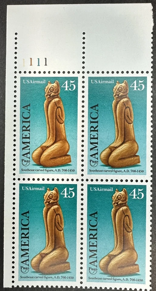 US C121 PRE-COLUMBIAN  1989 (AIR MAIL)   "PLATE # BLOCK OF 4" MNH/OG - Image 1 of 1