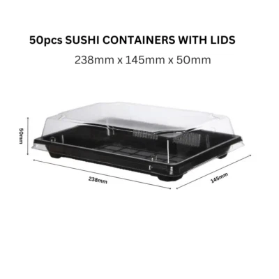 50pcs 238x145x50 Black Disposable Black Sushi Box with Clear Lids Take Out Tray - Image 1 of 4