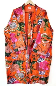 Indian Tropical Orange Print Kantha Quilt Jacket Front Open Wear Mid-length - Picture 1 of 6