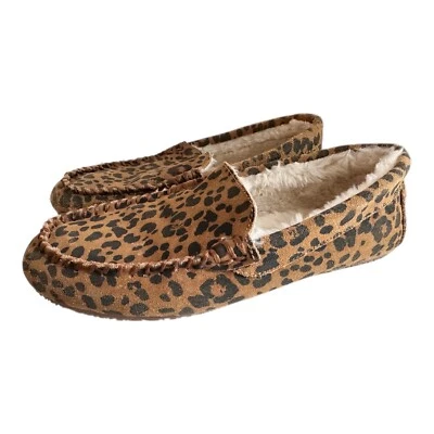 Lands End Womens Leopard Moccasin Slippers sz 8 Suede Brown Faux Fur #494421 EUC - Image 1 of 4