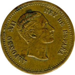 ☆ SPAIN ☆ ADVERTISING TOKEN 1880s ☆ QUINCALLERIA • J. RIGAU ☆ ALFONSO XII ☆D8838 - Picture 1 of 4