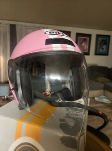Brand New Custom Bilt Retro 3/4 Motorcycle Helmet Pink / White Stripes W/Bag LRG - Picture 1 of 5