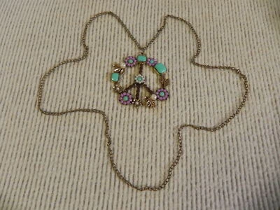 Collar Signo de Paz Piedras Púrpura Retro Hippy Disfraz Hippie Cadena Boho Verde azulado Foto 1 de 4