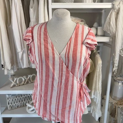 Old Navy Women's size Large Linen cotton blend red & white wrap blouse #2785 - Image 1 of 4