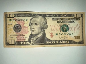 Rare $10 Dollar Bill Banknote Series 2013 Fancy Serial Number Trinary 54552454 - Picture 1 of 3