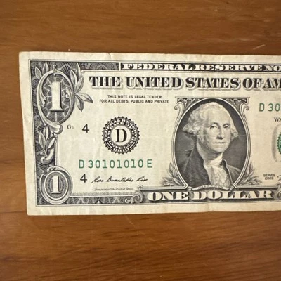 $1 Repeater Trinary Fancy Serial Number 2009 One Dollar Bill D 30101010 E - Image 1 of 3