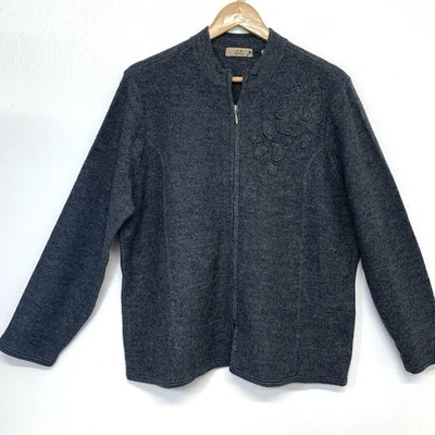 Cárdigan de Lana IE Mujer 1X Cremallera Completa Gris Manga Larga Apliques Florales Oficina Trabajo Foto 1 de 4