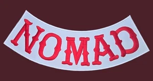 NOMAD MC MOTORCYCLE BIKER CLUB RED ON WHITE ROCKER GANG IRON ON PATCH - Picture 1 of 4