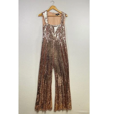 Lulus Rose Gold Sequin Wide Leg Jumpsuit Square Neck Evening Party Large - Image 1 of 4