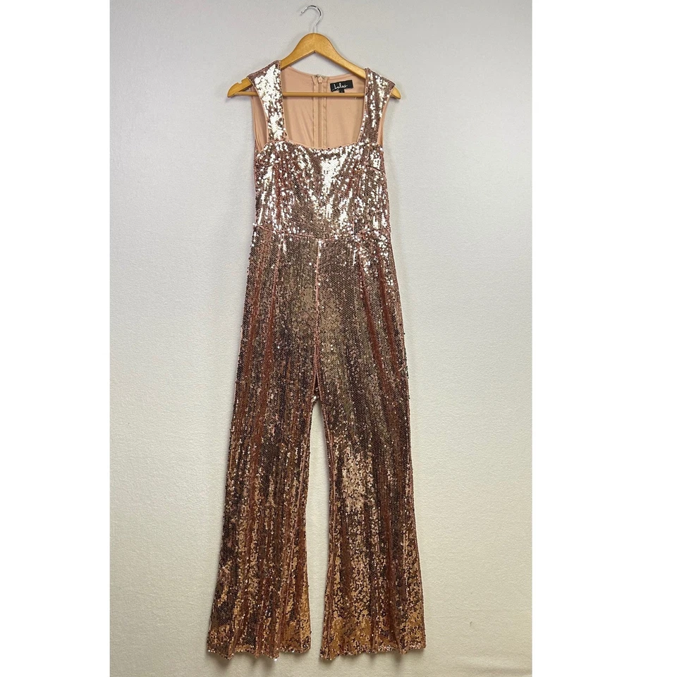 Mono Lulus Oro Rosa Lentejuelas Pierna Ancha Cuello Cuadrado Noche Fiesta Grande Foto 1 de 4