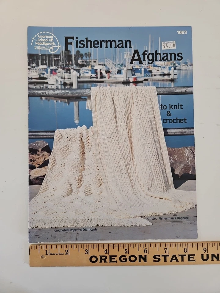 American School Of Needlework FISHERMAN AFGHANS Knit Crochet Pattern Book #1063 - Image 1 of 4