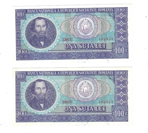LOT 2 Banknotes 100 Lei 1966 Romania Consecutive Serial # 97 - Picture 1 of 1