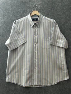 Van Heusen Shirt XL Blue Cream Multi Stripe Cotton Short Sleeve Smart Preppy Men - Picture 1 of 8