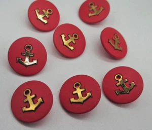 Eight (8) Round Red Plastic Gold Anchors Shank Back Buttons 3/4" (19 mm) - Picture 1 of 4