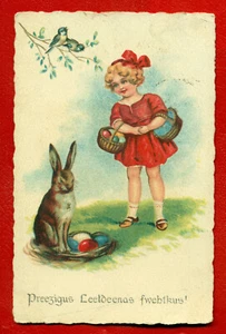 LETTLAND LETTLAND OSTERMÄDCHEN HASE UND EIER VINTAGE POSTKARTE GEBRAUCHT 245 - Bild 1 von 2
