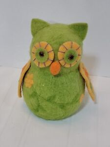 Styrofoam Wool Felt Owl Lime Green And Orange Flowers 7" Tall Figurine Decor