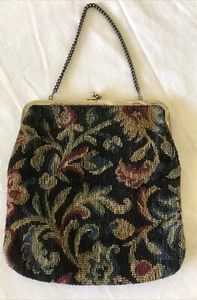 Vintage Black Floral Embroidered Needlepoint Tapestry Purse CLUTCH Handbag - Picture 1 of 24