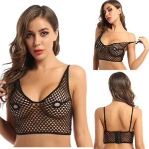 Women's Fishnet Sexy Bra Tank Crop Top Mesh Bralette Hollow Out Sheer Vest Party - Picture 1 of 28