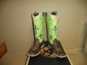 Ariat Kids Ranchero Boots New In Box Powder Brown/LIme Wide Square Toe 11" H 9M - Picture 1 of 5