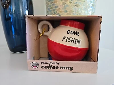 NUEVA Taza de Café Big Mouth Gone Fishin' Bobber 20 OZ Taza de Pesca de Cerámica Roja Blanca Foto 1 de 4