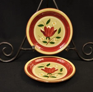 Stangl Magnolia 2 Coasters 5" Hand Painted Maroon Yellow Green Engobe Rare 1957 - Picture 1 of 9