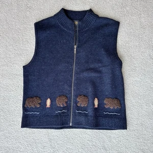 Woolrich Weste Vintage L Damen blau Wolle bestickt Bär Fisch handgenäht Reißverschluss - Bild 1 von 7