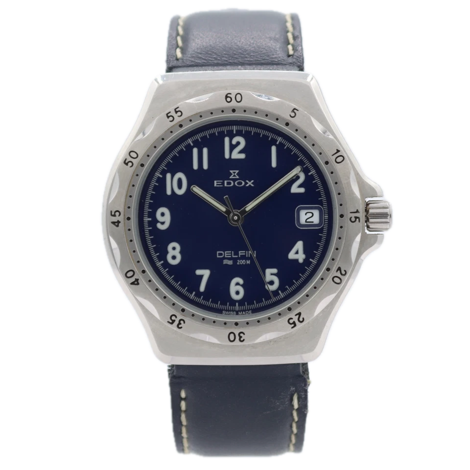 Reloj pulsera de cuarzo 37 mm Edox 70080 Delfin 200M fecha para hombre acero suizo esfera azul Foto 1 de 4
