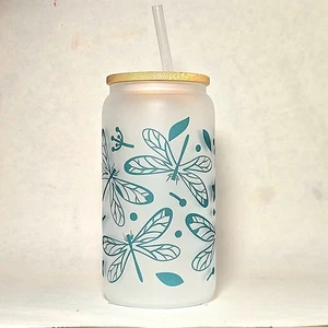 Coffee Quips Crafted Dragonfly 16oz Glass Can Tumbler with Straw - Picture 1 of 8