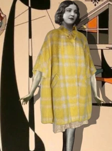 VintageYellow Plaid Wool Mohair Swing Coat Buffums Pleated 3/4 Sleeve OSFM - Picture 1 of 12