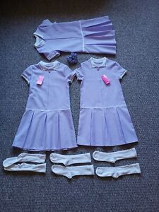 NEW Set of 3 Girls School Dress purple gingham pleat  7-8 years & x3 white socks