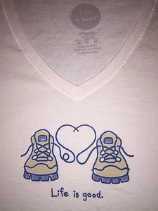 Life is Good Women's-MEDIUM-"LOVE BOOTS" HIKING- S/S T-Shirt SIMPLY IVORY- NWT - Bild 1 von 1