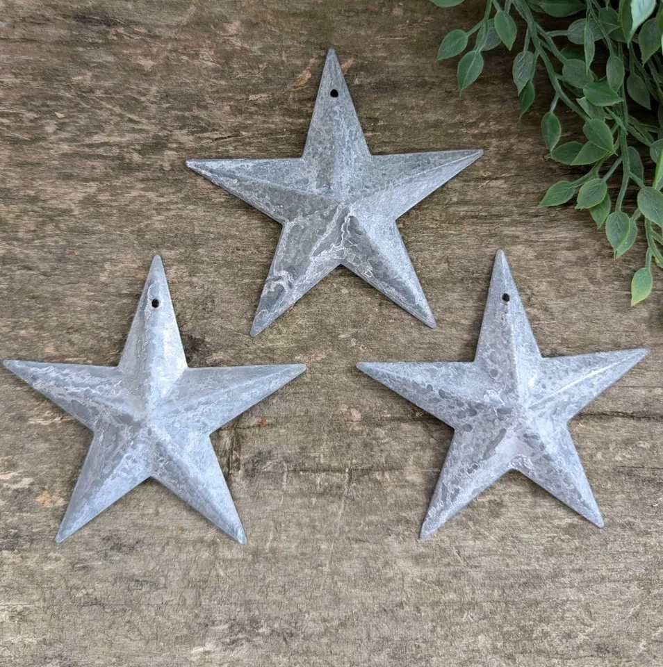 Set of 3 - 3.5" GALVANIZED BARN STAR Aged Metal Tin Primitive Country - Image 1 of 1