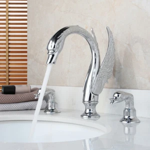 Swan Design Bathroom Sink Faucet Chrome Basin Mixer Tap Kits 3 Hole Deck Mounted - Picture 1 of 12