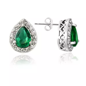 925 Silver Lab Created Green Quartz & White Sapphire Teardrop Stud Earrings - Picture 1 of 4
