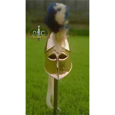 Capacete de bronze coríntio cavaleiro grego medieval real com pluma azul e marrom - Imagem 1 de 4