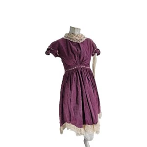 Women's Vintage Dress Extra Small Purple Cotton Prairie Cottage Lace Trim - Picture 1 of 7